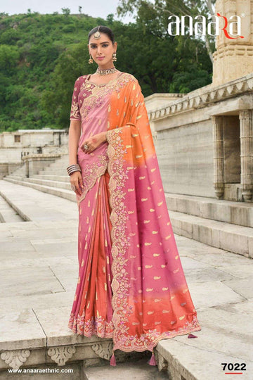 Pink Orange Shaded Gadwal Silk Saree with Magenta Silk Blouse and Exquisite Handwork, Embroidery - 7022